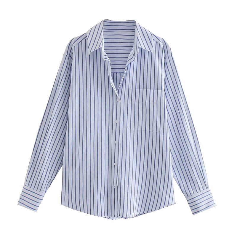 TRAF Women Fashion Office Wear Striped Loose Blouses Vintage Long Sleeve Pockets Female Shirts Chic Tops