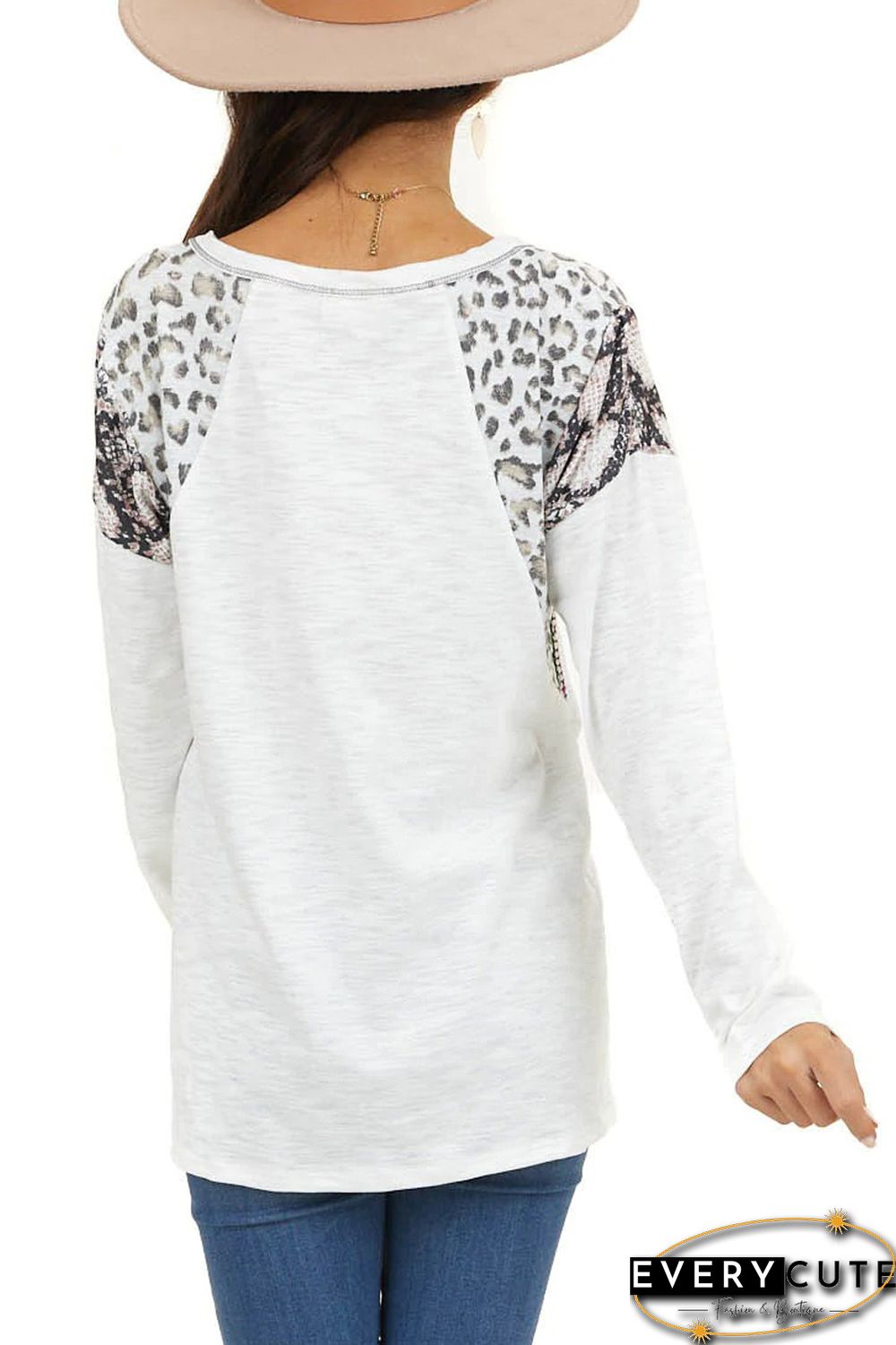 White Long Sleeve Top With Leopard Snakeskin Print