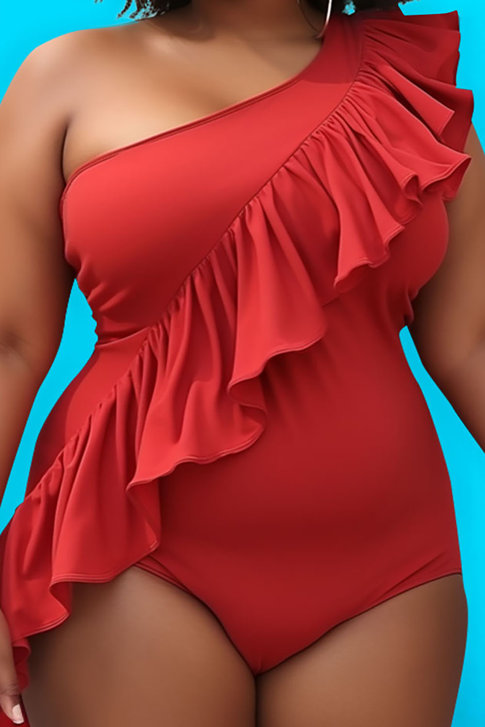 Design Plus Size Beach Vacation Red Oblique Collar Flounce Knitted One Pieces Swimwear [Pre-Order]