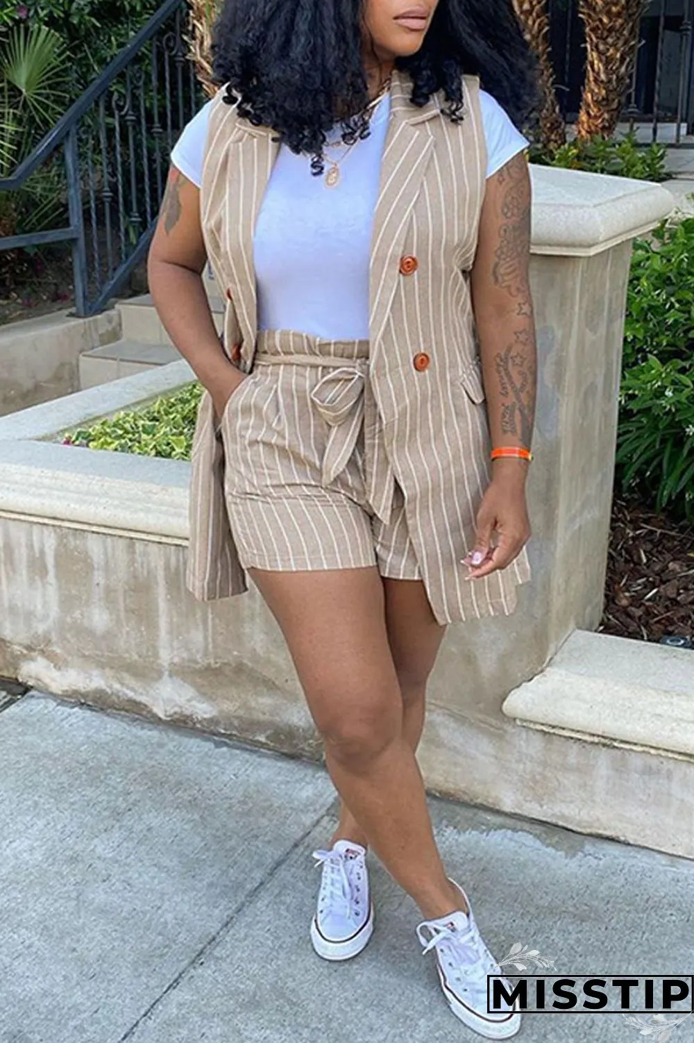 Khaki Fashion Casual Striped Print Patchwork Cardigan Turndown Collar Plus Size Two Pieces (Without T-shirt)
