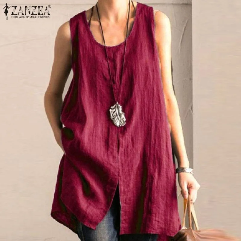 ZANZEA Summer Cotton Linen Blouse Women Sleeveless Tanks Tops Vintage Solid Loose Blusas  Tunic Split Shirt Female