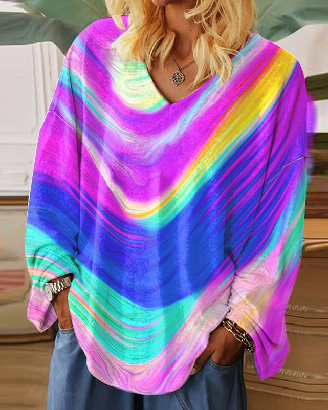 Women's V-neck Long Sleeve Printed Plus Size Top