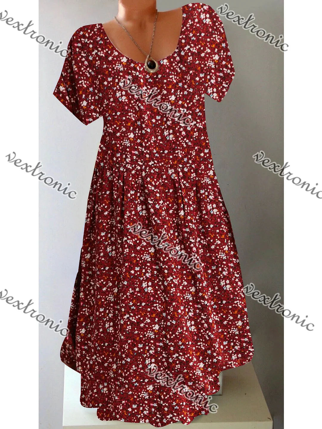 Women's Short Sleeve Scoop Neck Red Floral Printed Midi Dress