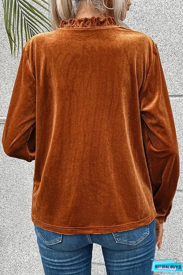 Gold Flame Frilled V Neck Velvet Blouse