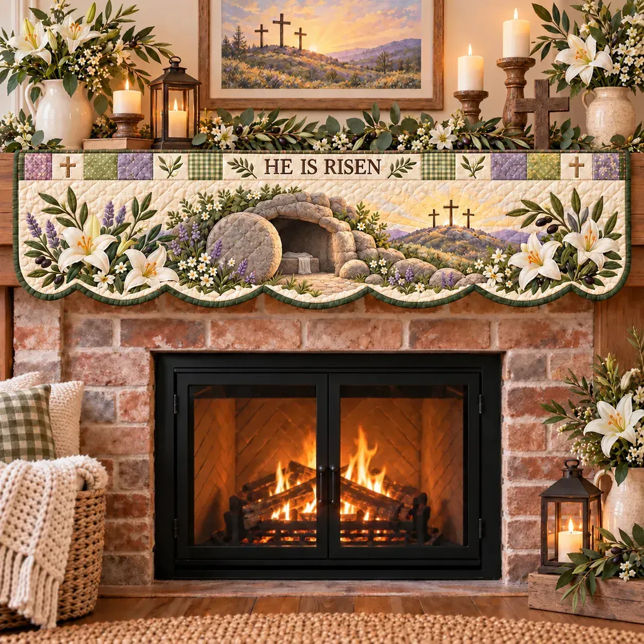 He Is Risen Easter mantel scarf with an empty tomb, three crosses and lilies