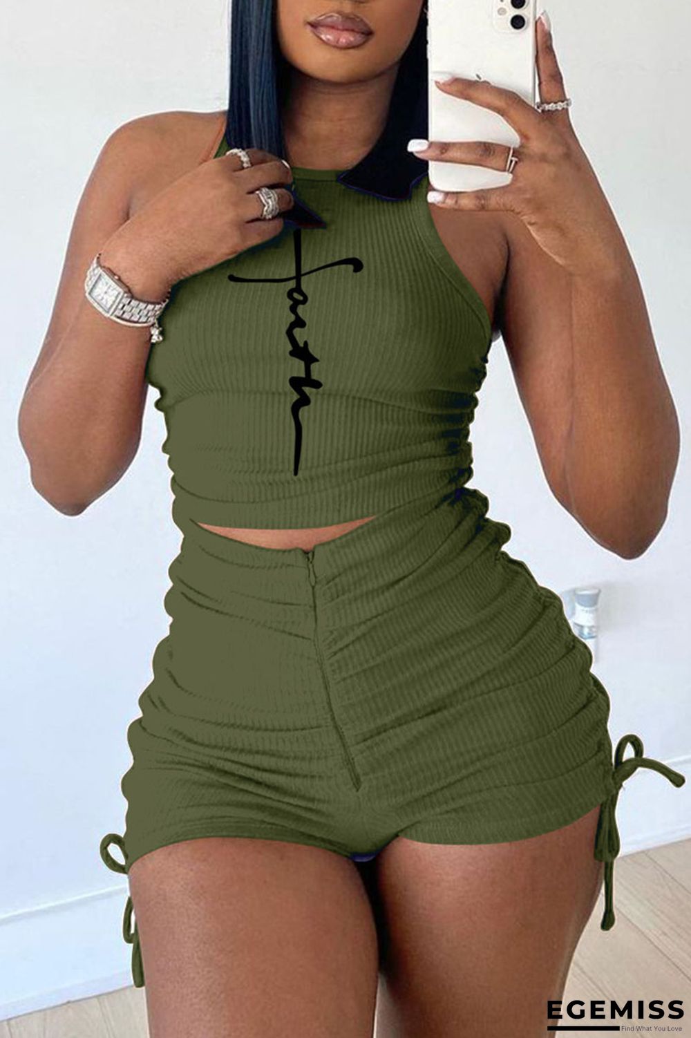 Army Green Sexy Print Patchwork O Neck Sleeveless Two Pieces | EGEMISS