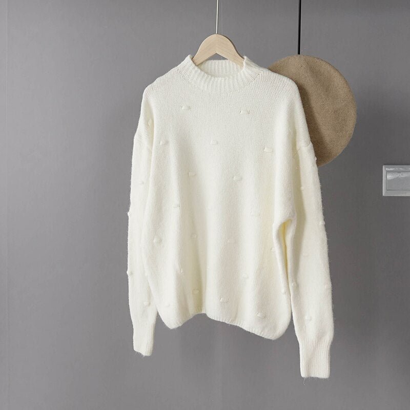 Lizkova Cotton Oversized Sweater Woman Pink Drop Shoulder Sleeve Casual Pullover Female O-neck Dot Decoration Knitted Tops ST004