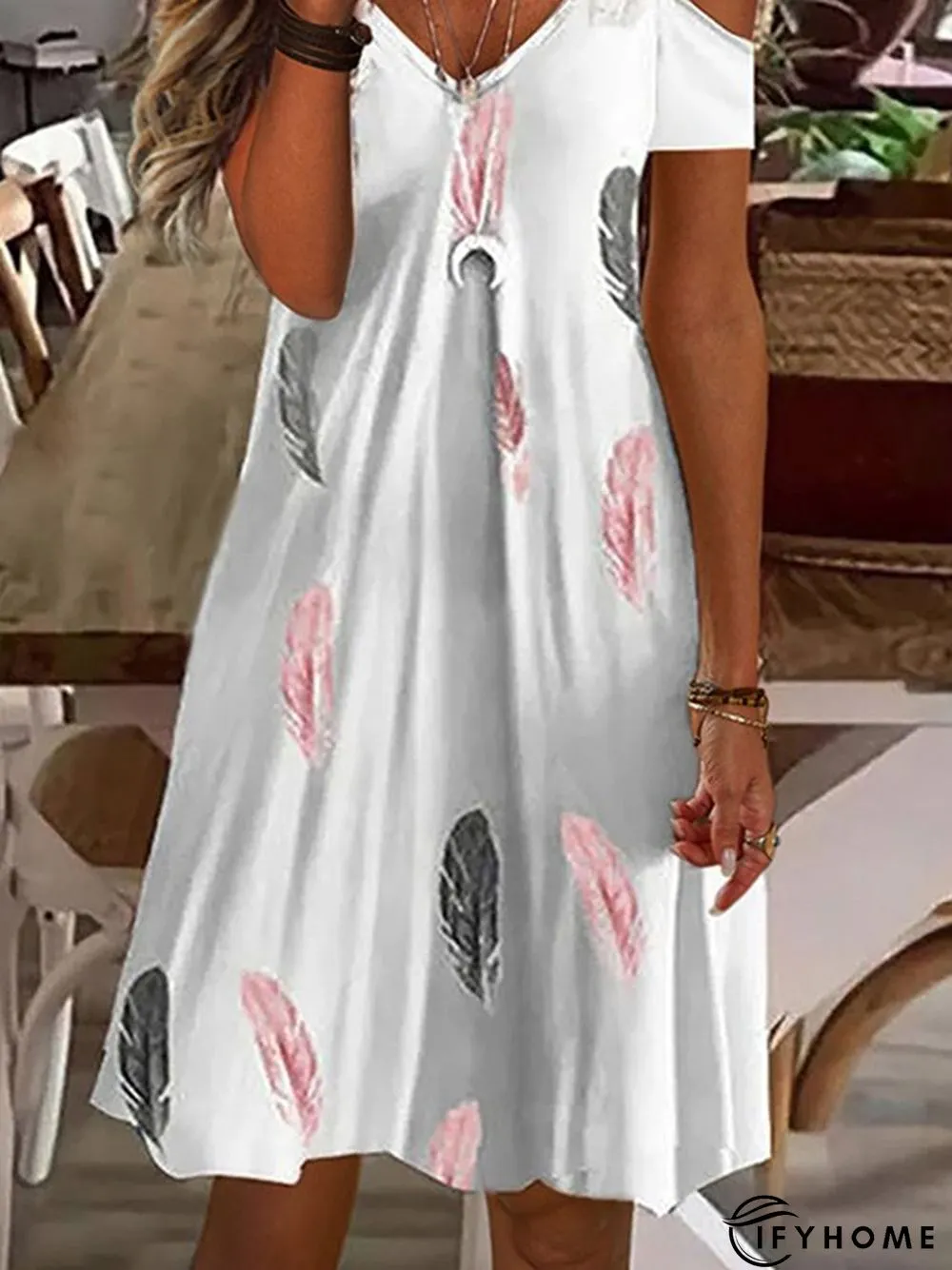 Feather Printed V Neck Off Shoulder Cold Shoulder Short Sleeve Casual Sleeve Dress | IFYHOME
