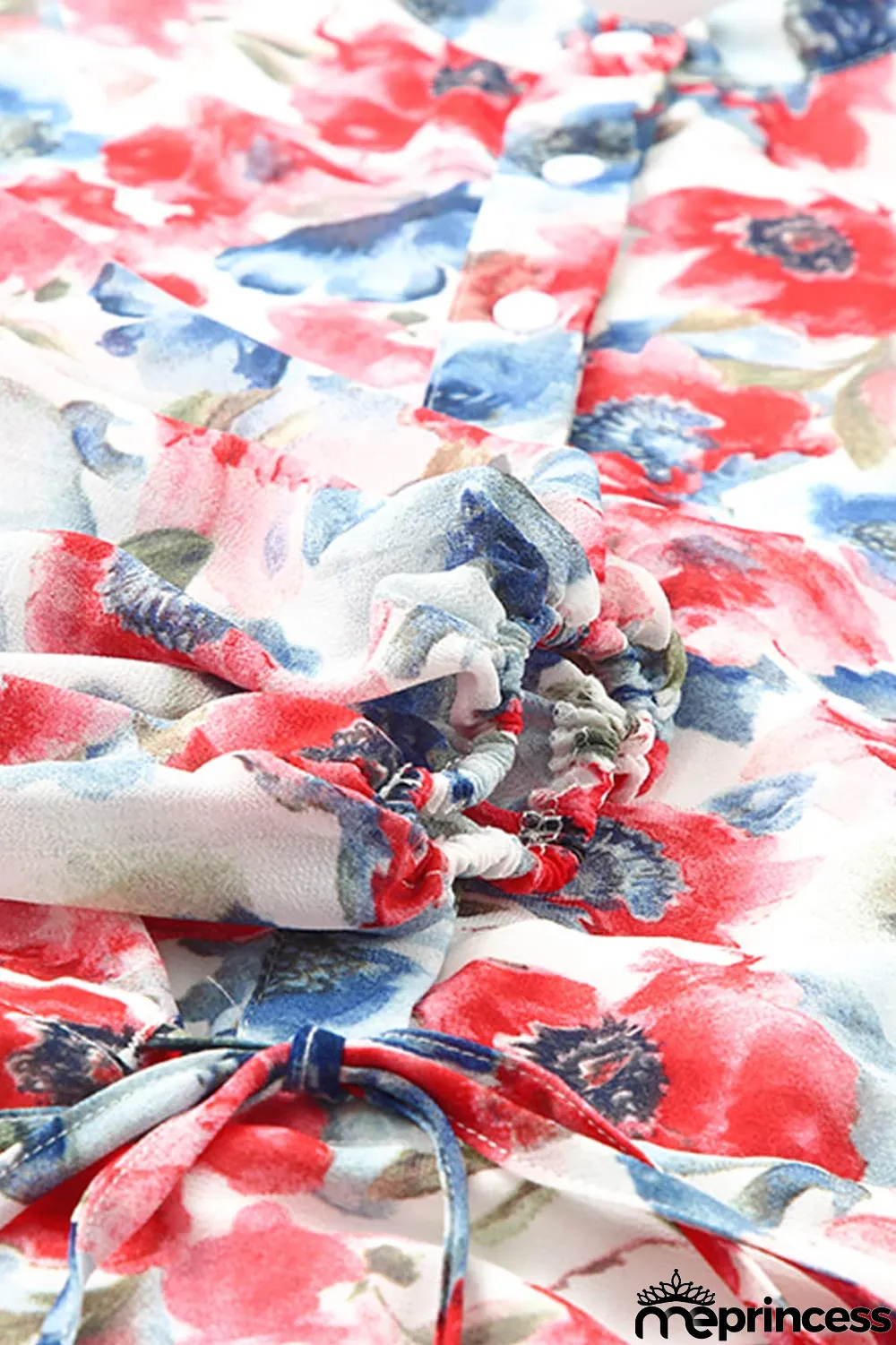 Sky Blue Vintage Floral Print Drawstring Flowy Dress