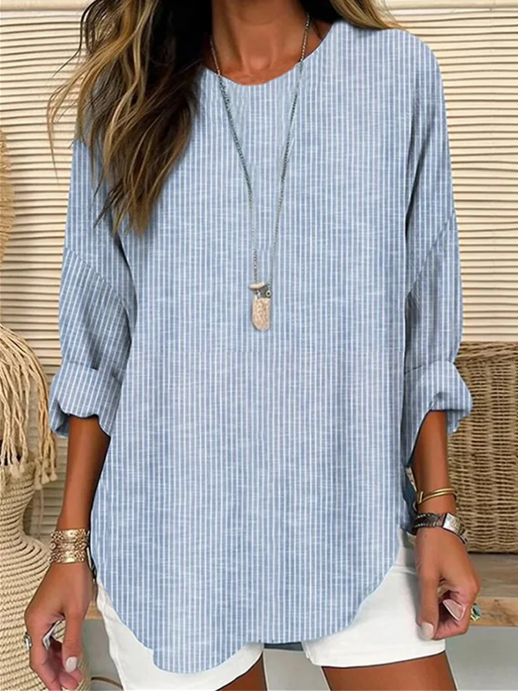 Comstylish Vintage Striped Crew Neck Linen Blend Tunic