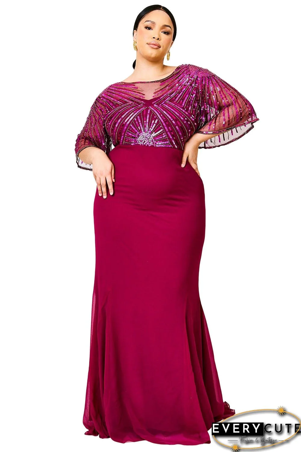 Red Sequin Mesh Open Back Plus Size Maxi Dress