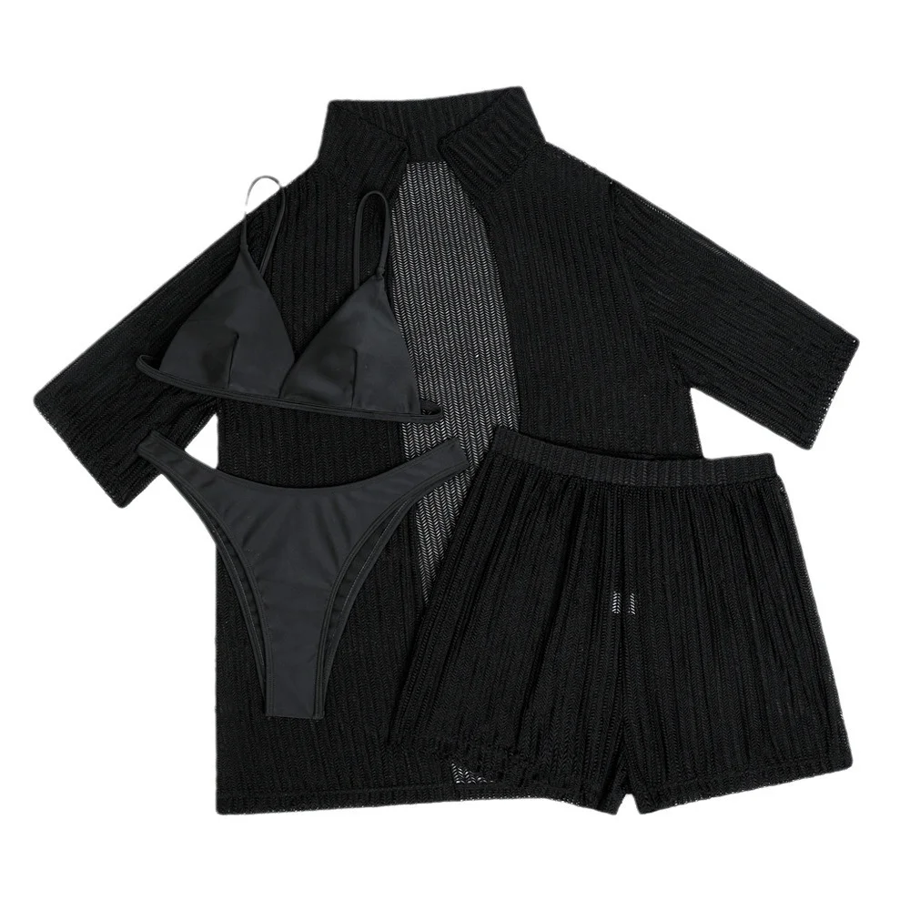 Uveng 2024 Solid Color New Beach Sunscreen Shirt Shorts Four-Piece Swimsuit Swimsuit