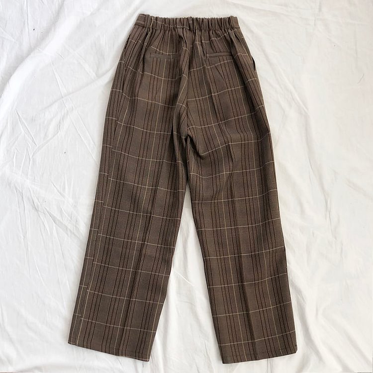 Vintage Loose Plaid Suit Pants Women Spring High Waist Elastic Wide Leg Pants Casual Korean Pockets Streetwear Lady Trousers