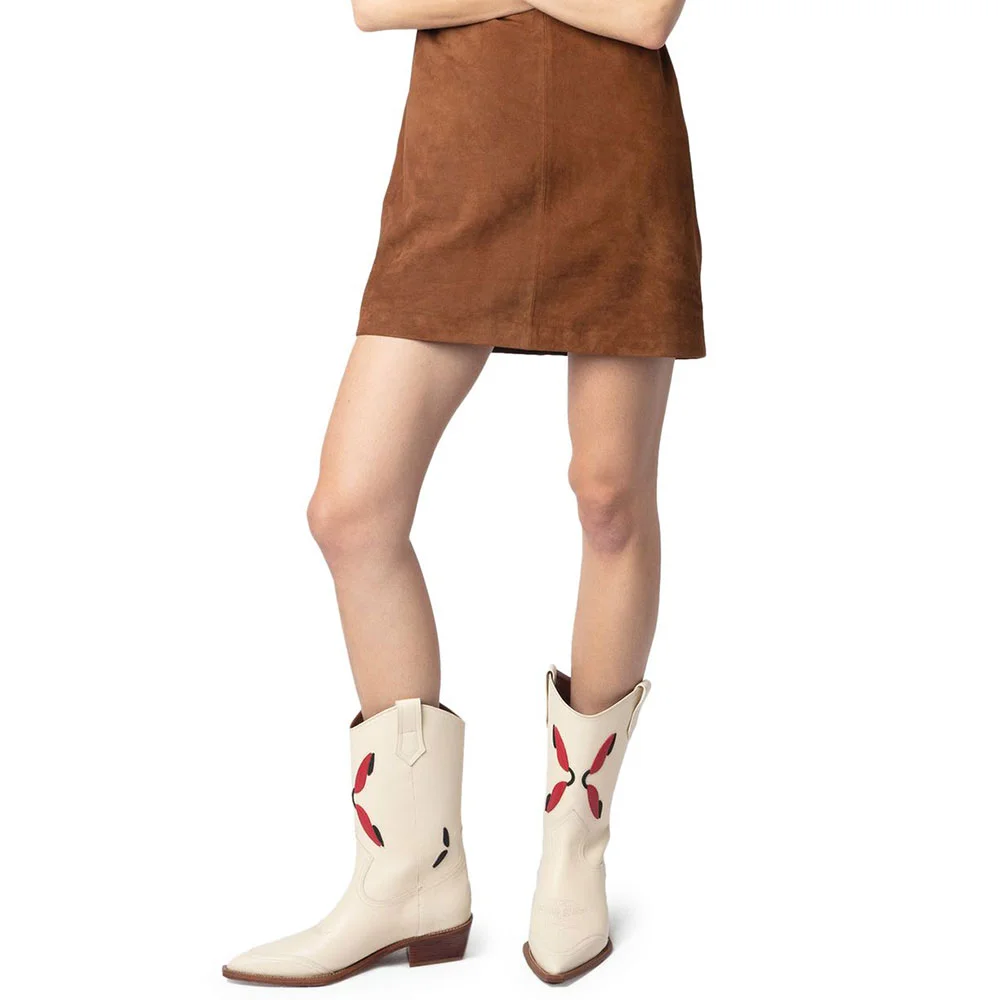 Ivory Vegan Leather Snip Toe Chunky Heel Mid Calf Cowgirl Boots