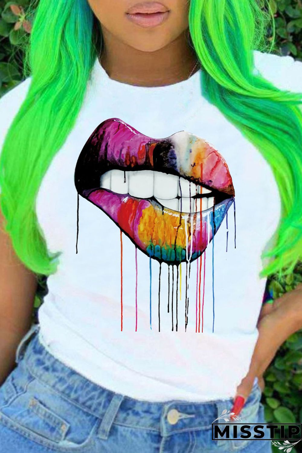 Colour Fashion Casual Print Basic O Neck T-Shirts