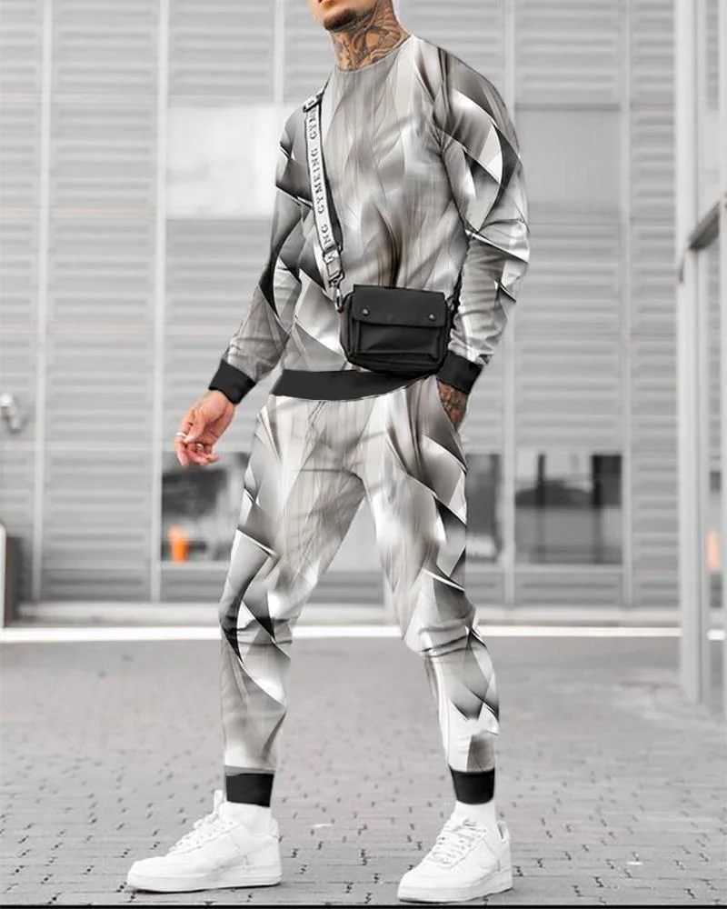 Men's Casual Silver Abstract Printing Long-sleeved Suit