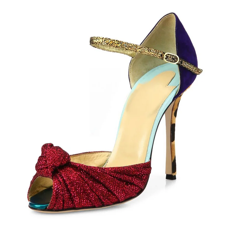FSJ Red Glitter Evening Shoes Peep Toe Stiletto Heel Sandals |FSJ Shoes