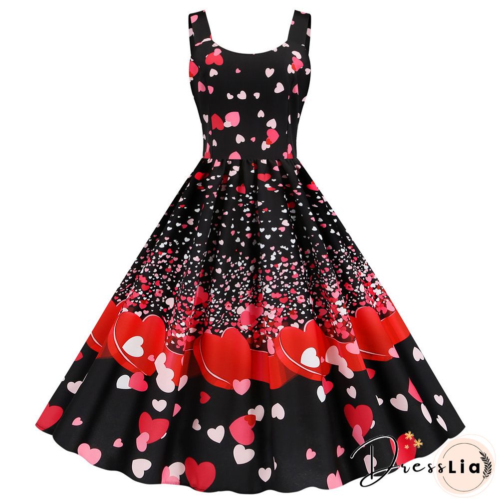 Sweet Heart Print Swing Vintage Women Summer Dress Sexy Halter Retro Rockabilly Rave Party