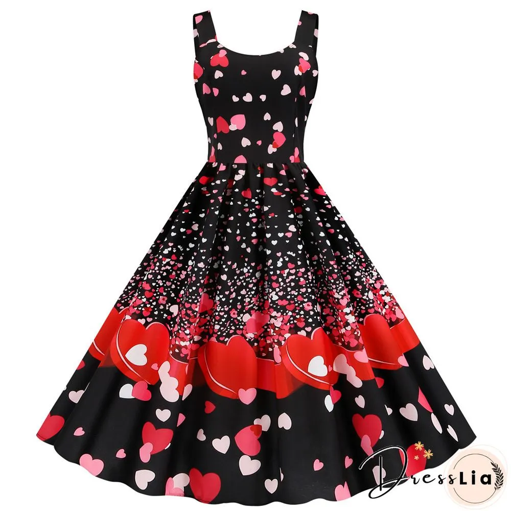 Sweet Heart Print Swing Vintage Women Summer Dress Sexy Halter Retro Rockabilly Rave Party