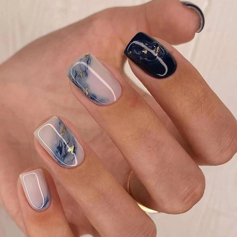 Xpoko 24pcs Square French False Nails Short Dark Blue Gradient Waves Fake Nails Full Cover Fake Nails Detachable Press on Nail Tips
