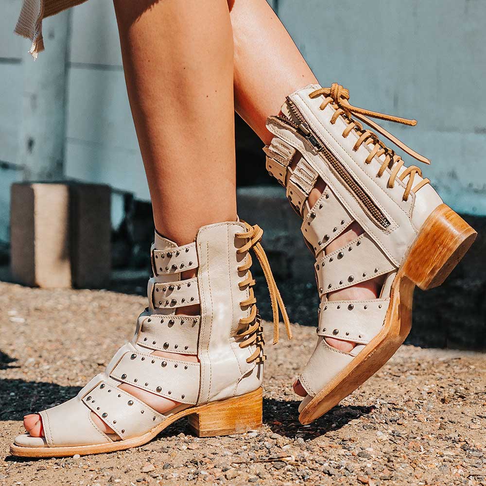 White Vegan Leather Studded Strap Lace-up Side-Zip Lady's Boots     Nicepairs