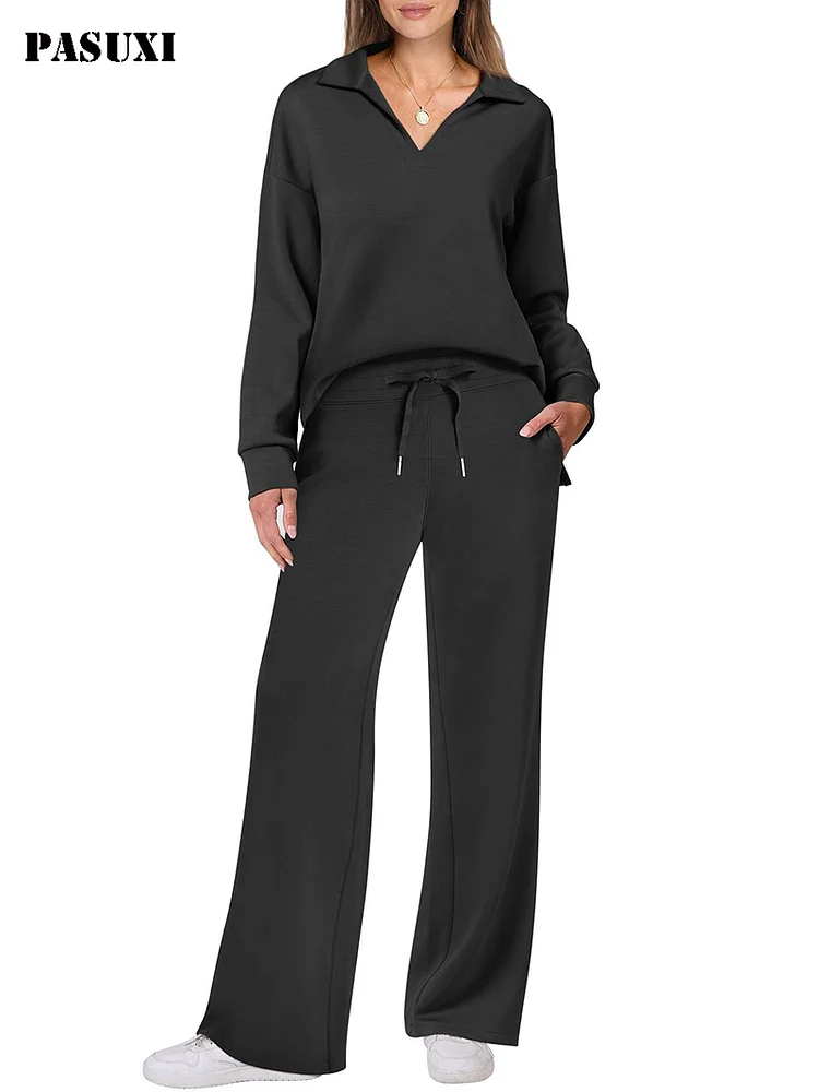 PASUXI Women's Casual Sportswear Set Long-Sleeve V-Neck Sweatshirt & Wide-Leg Pants huanwei