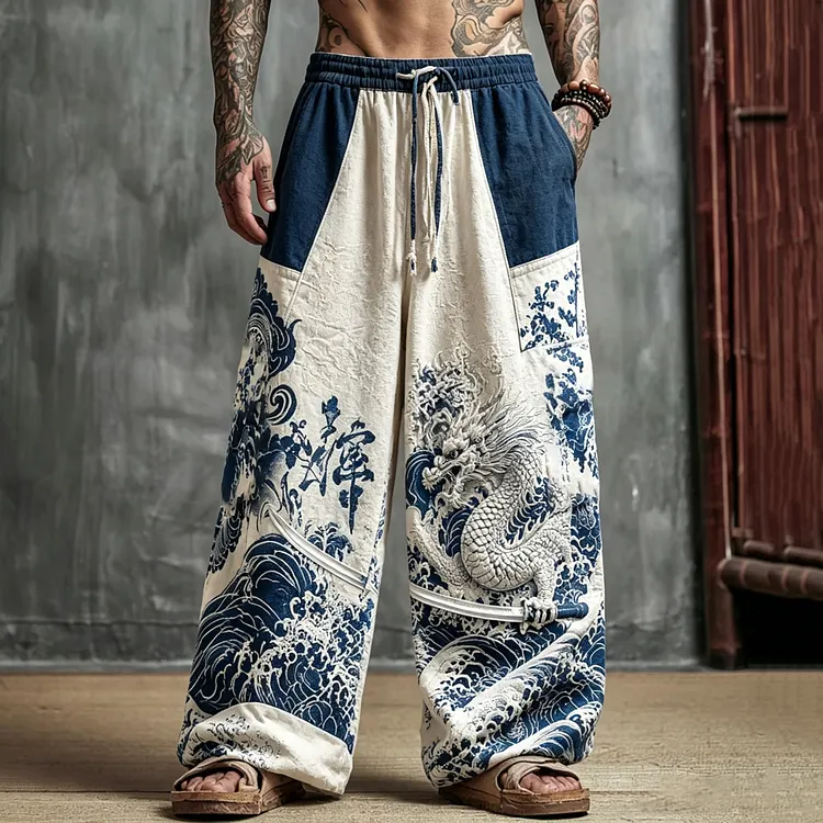 Men's Japanese Art Retro Dragon Color Block Cotton Linen Trousers