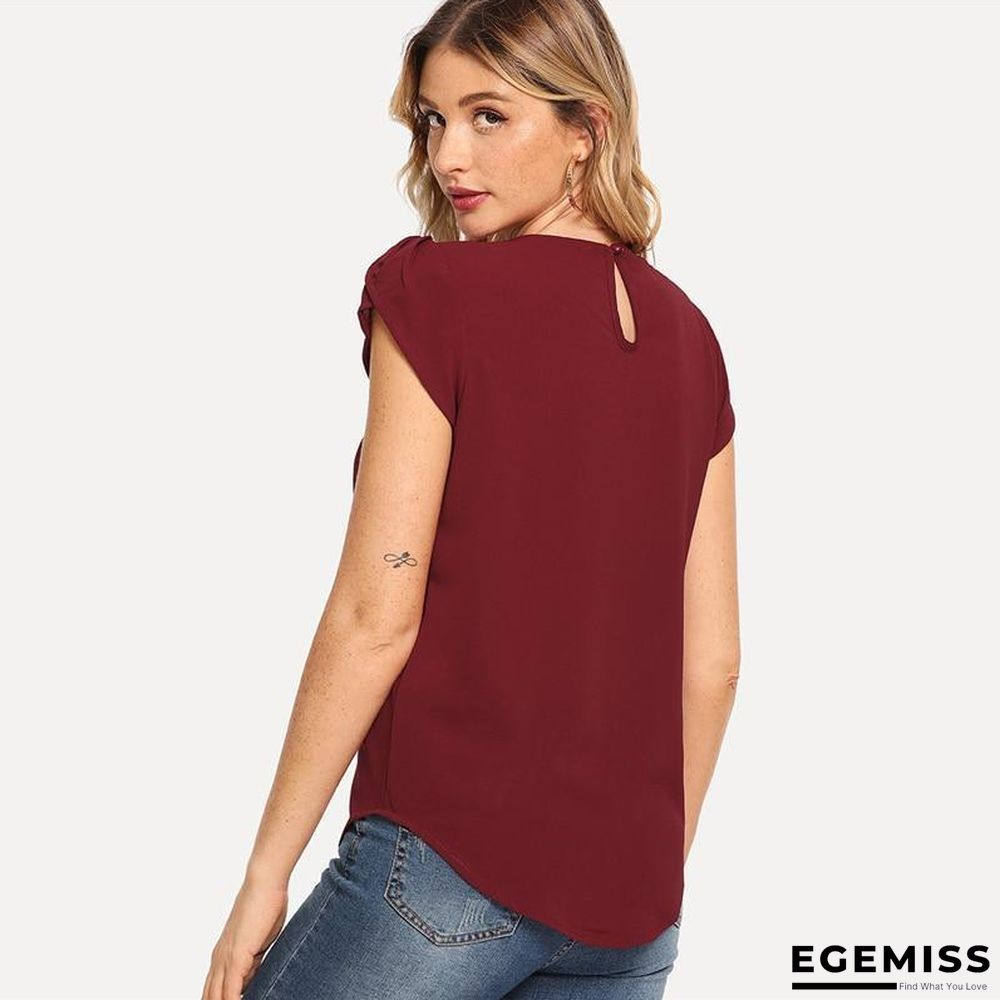 Burgundy Asymmetrical Blouse Petal Sleeve Pleated Detail Solid Short Sleeve Blouse | EGEMISS