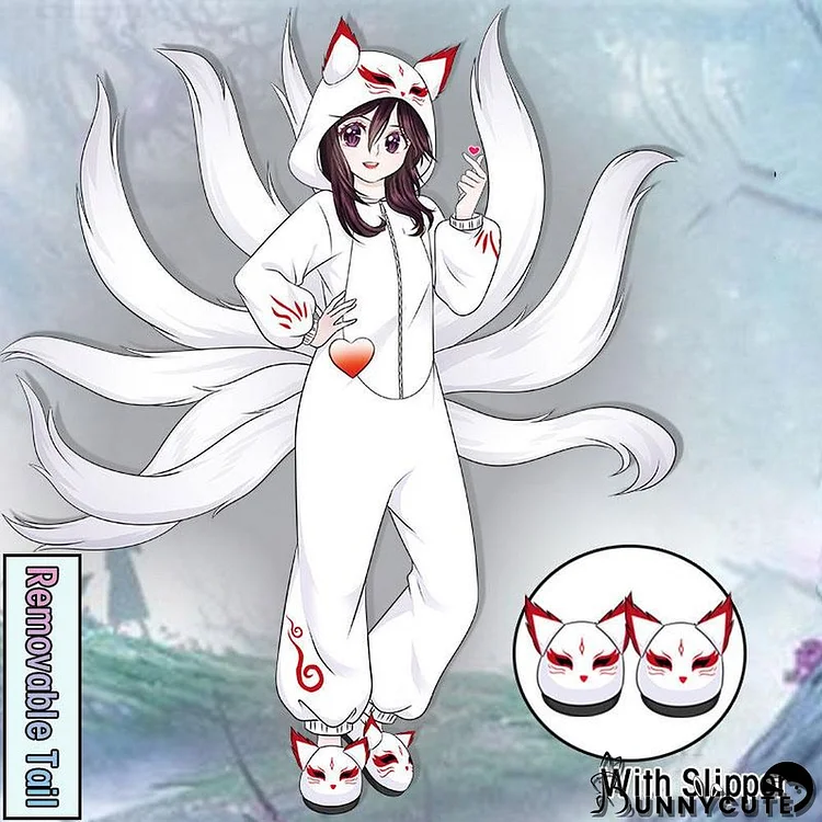 Nine-tailed Fox Plush Pajamas With Slippers Hooded Winter Sleepwear