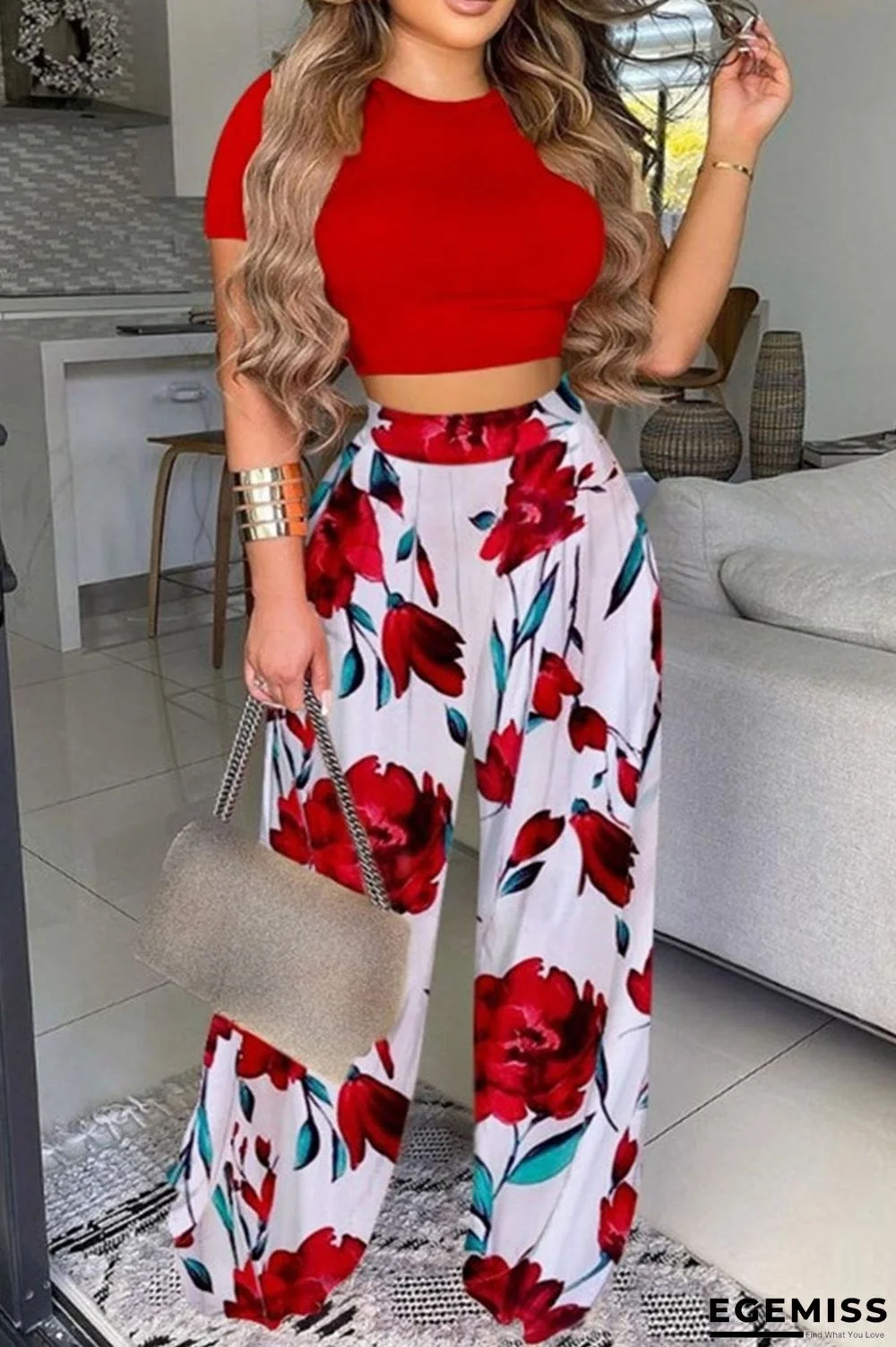 Red Fashion Casual Print Split Joint O Neck Short Sleeve Two Pieces | EGEMISS