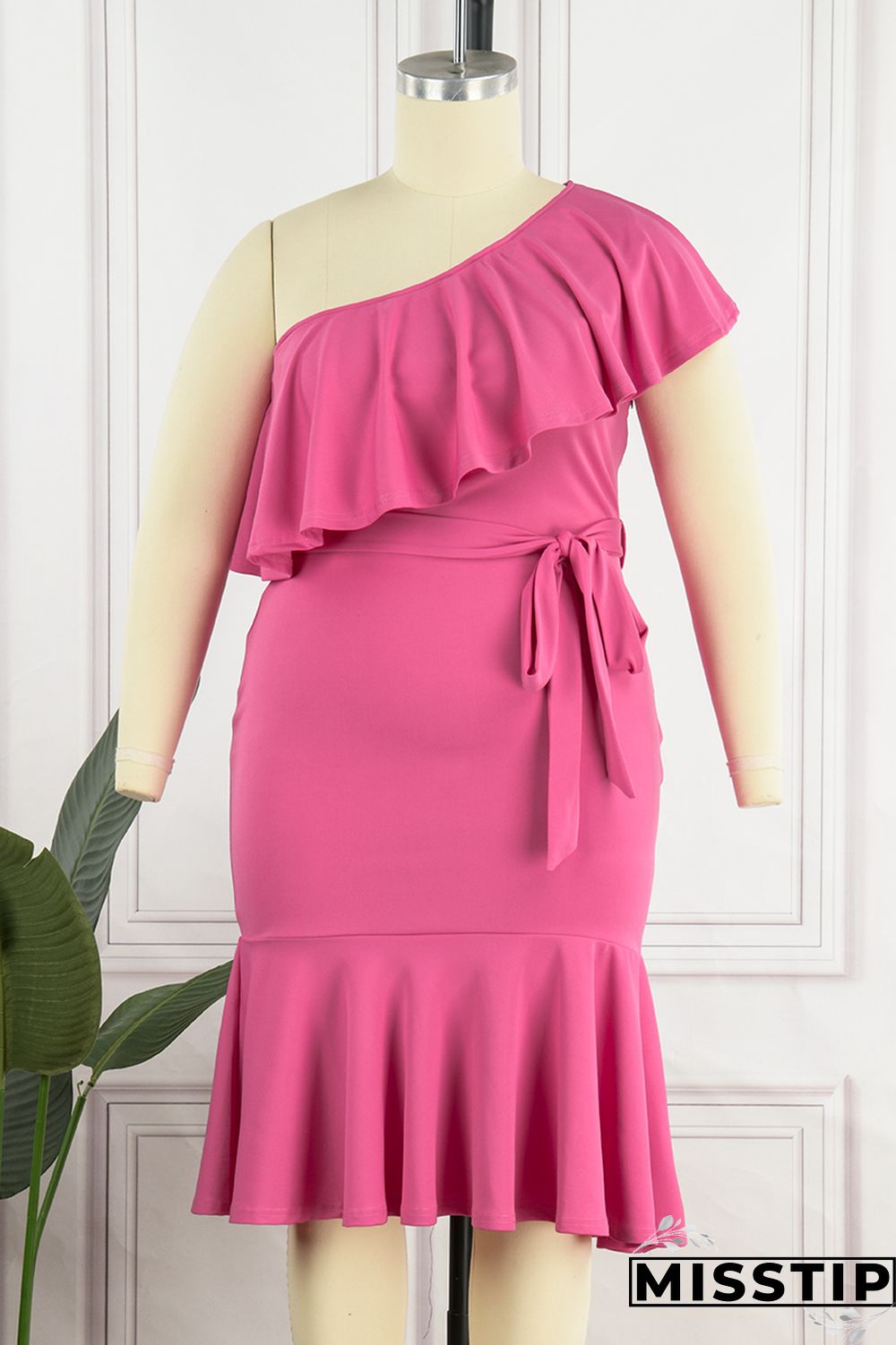 Green Casual Solid Patchwork Backless Oblique Collar Plus Size Dresses