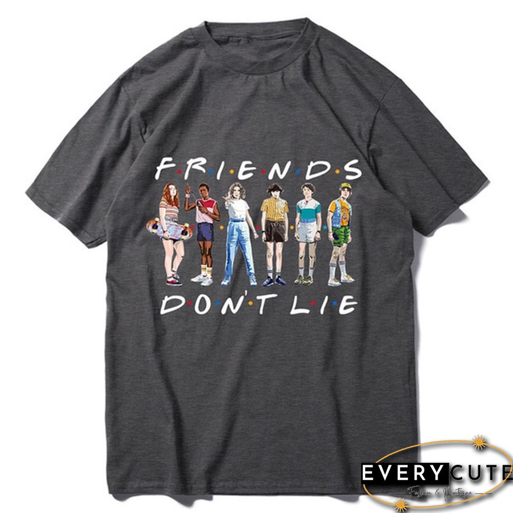 1Pcs Freind Dont Lie Six People Stand Printed T Shirt Stranger Things Letter Print Plus Size T Shirt White Short Sleeve Friends Dont Lie Printing Tees Feme Summe Tops