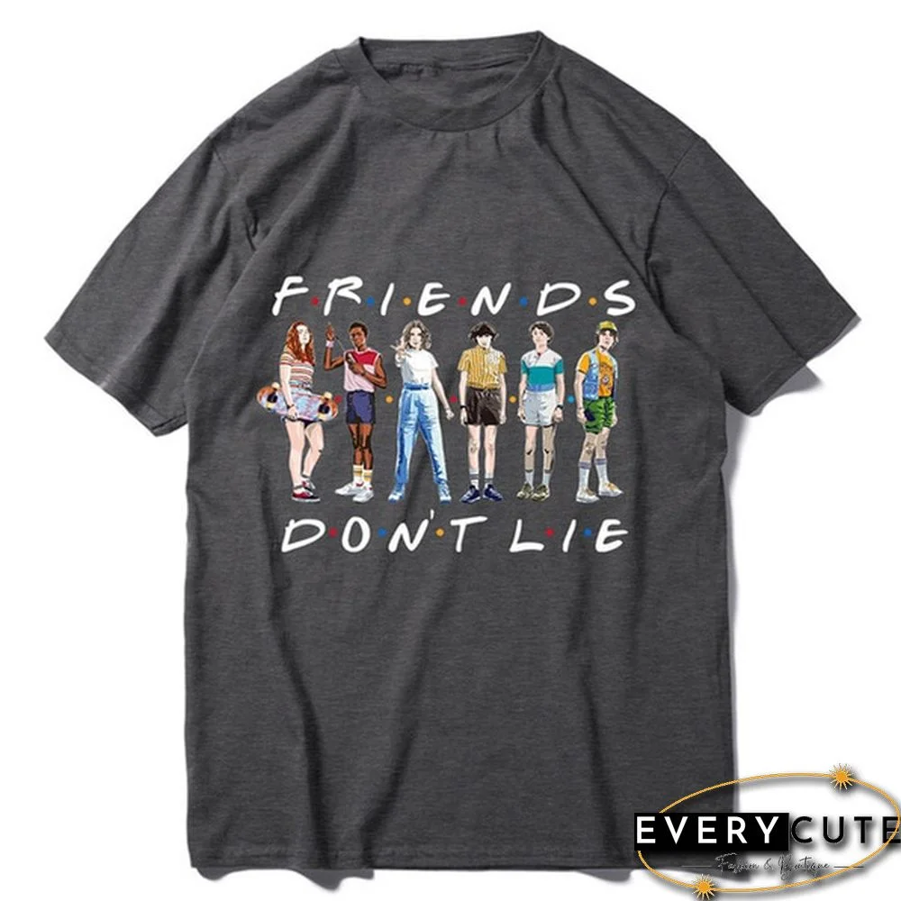 1Pcs Freind Dont Lie Six People Stand Printed T Shirt Stranger Things Letter Print Plus Size T Shirt White Short Sleeve Friends Dont Lie Printing Tees Feme Summe Tops