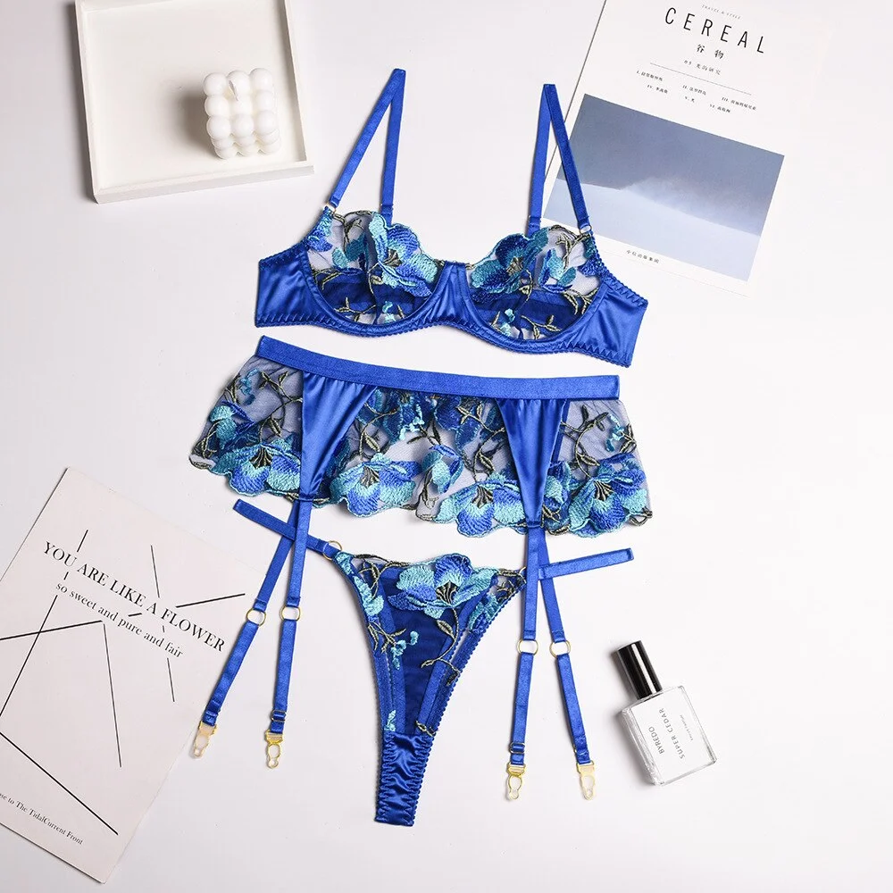 Billionm Lingerie Women's Underwear Fancy Transparent Bra Brief Set with Garters Embroidery Sexy Lace Erotic Intimate Bralette Set