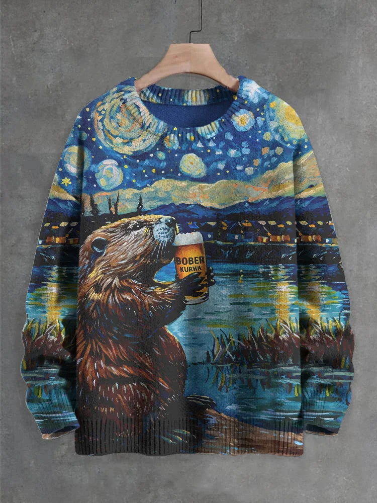Men's Otter Drinking Beer Night Starry Sky Art Print Knit Sweatshirt