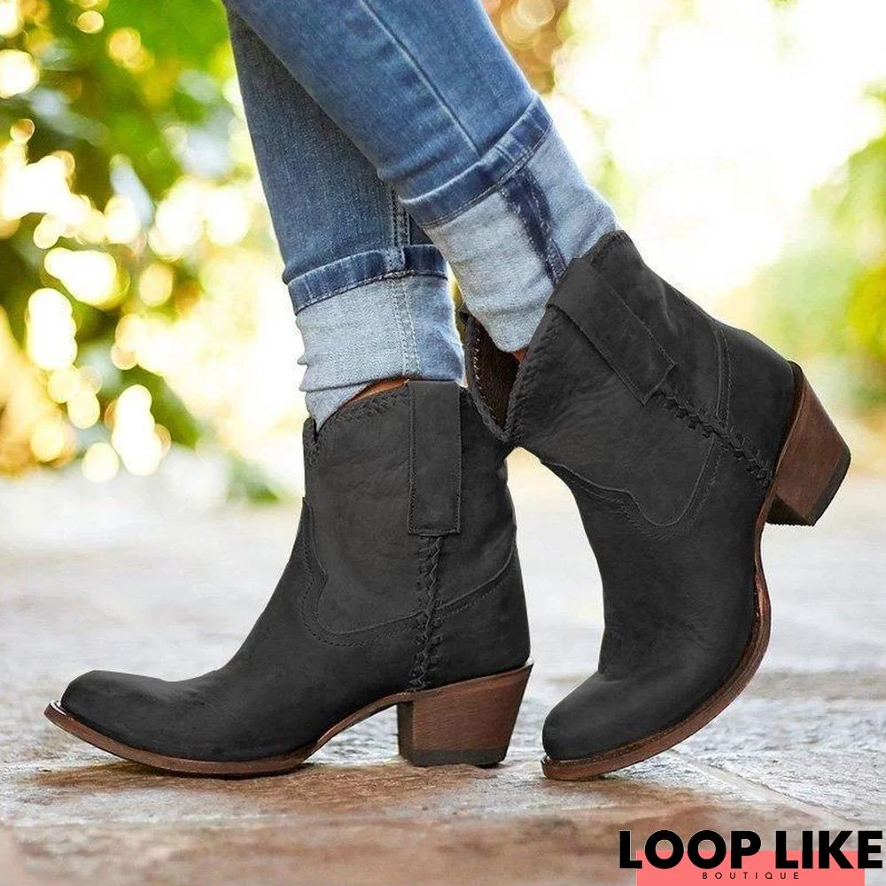 Pointed Toe Chunky Heel Ankle Women Boots