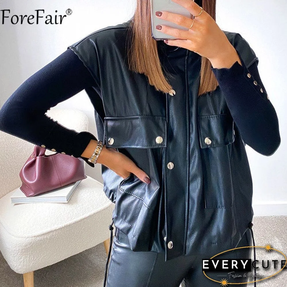 Sleeveless Pu Leather Jacket Pockets Women Button Zipper Fashion Coat Bandage Autumn Winter Outwear Jackets Ladies