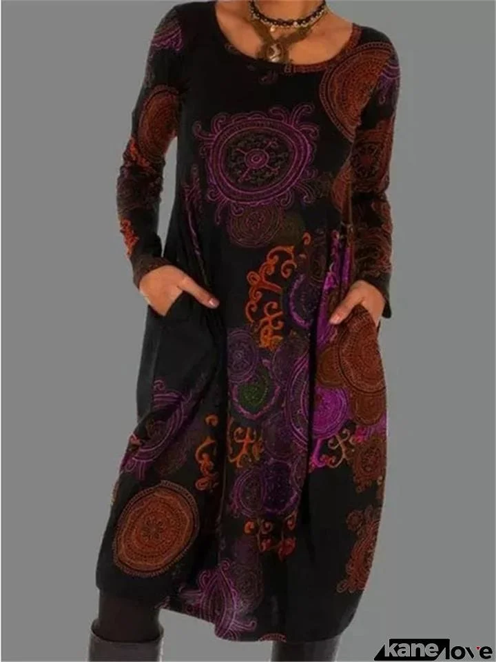 Retro Bohemian Print Loose Pullover Long Sleeve Pocket Dress