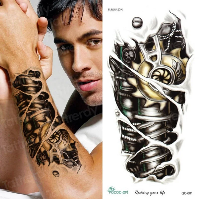 Black Stylish 3D New Man's Half Sleeve Arm Temporary Totem Tattoo Stickers Mechanical Body Art Tatoos for Boys Mens Armband