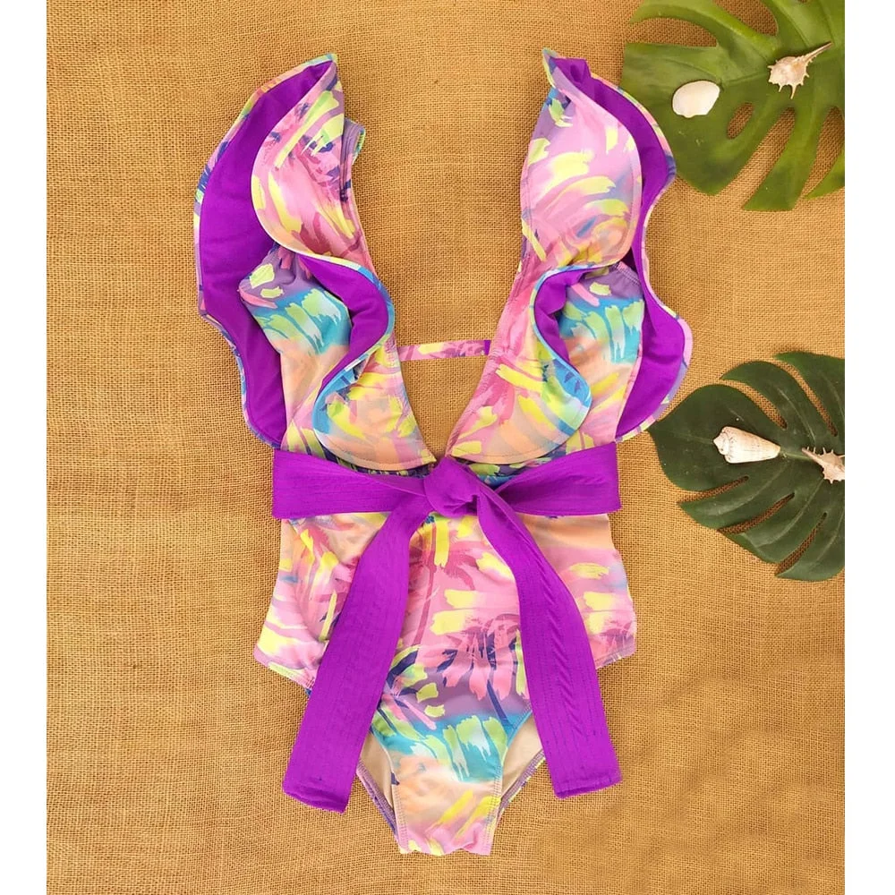 2021 New Sexy Ruffle Print Floral One Piece Strappy Slimming Swimwear Women Swimsuit Deep V 8438