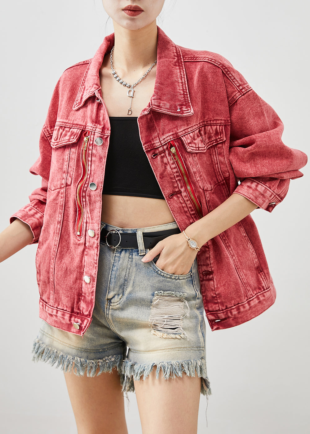 VCSHOES Brick Red Zip Up Oversized Denim Jackets Fall