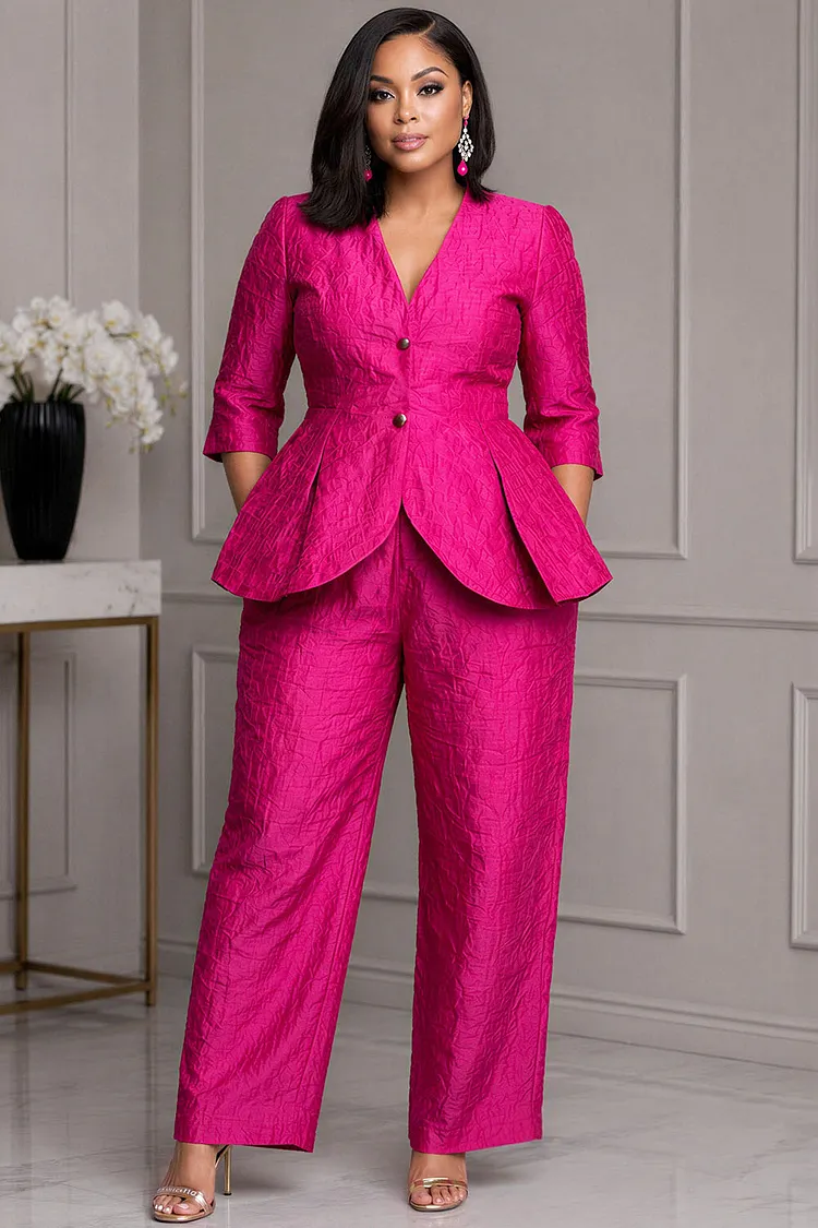 Xpluswear Design Plus Size Business Casual Hot Pink V Neck 3/4 Sleeve Pocket Ruffle Two Piece Pant Sets [Pre-Order] 2024 - Xpluswear