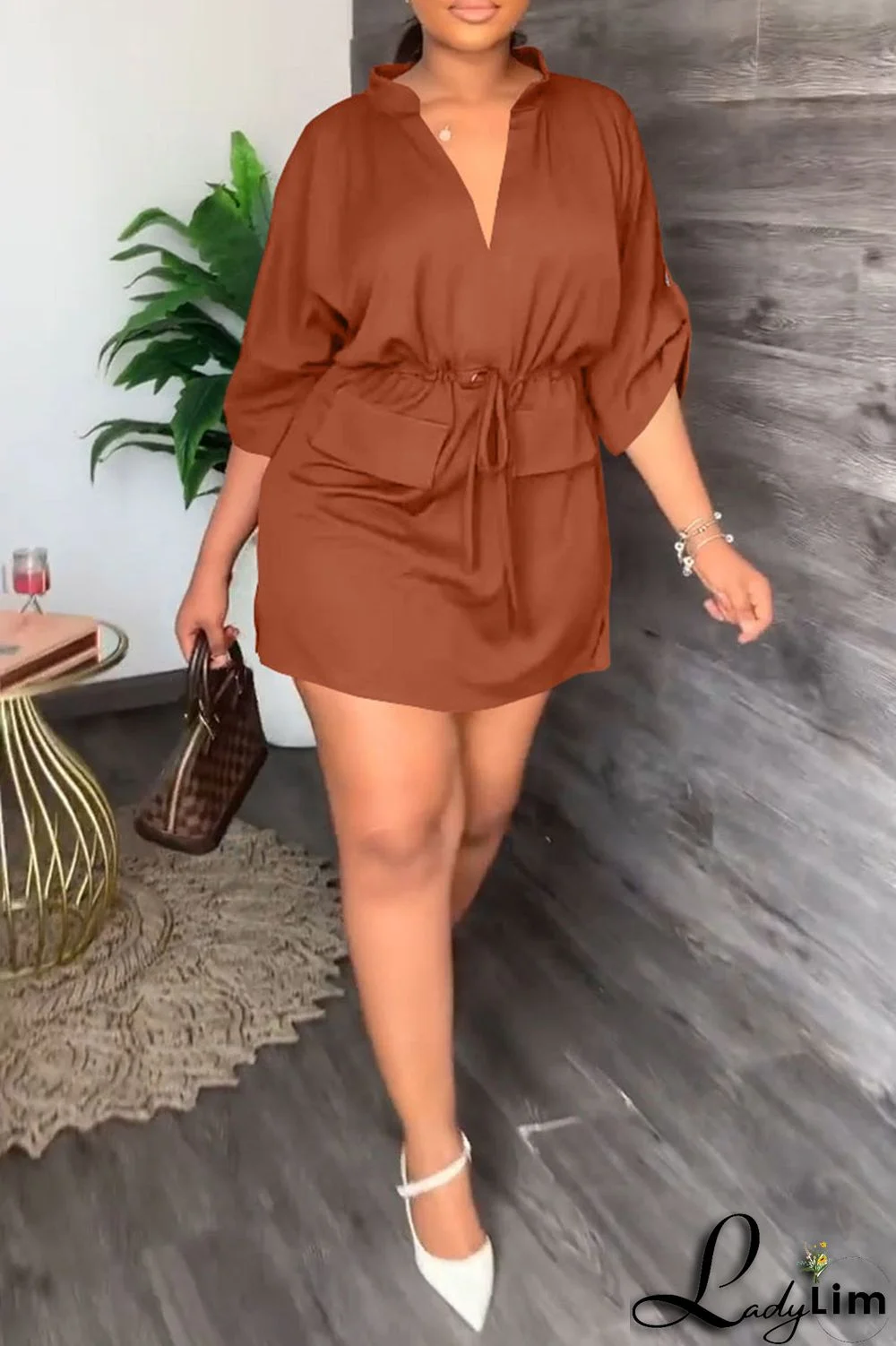 Tangerine Casual Solid Patchwork Draw String V Neck Straight Dresses