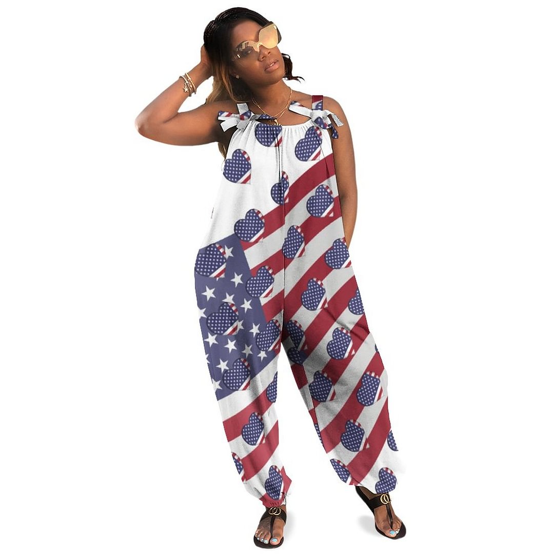 I Love The Usa American Stars And Stripes Funny Boho Vintage Loose Overall Corset Jumpsuit Without Top