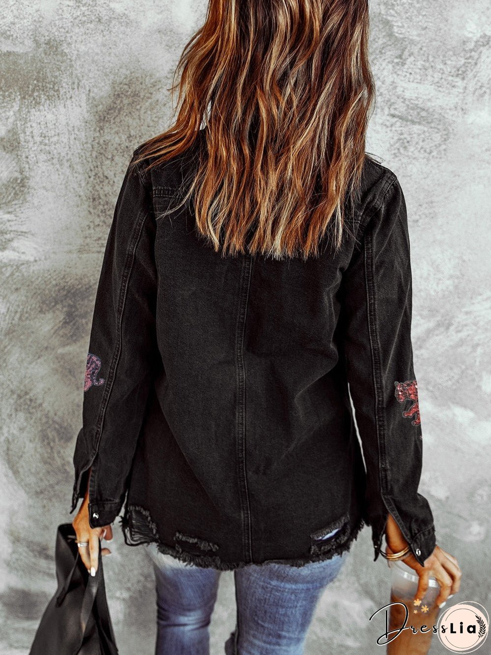 Black Denim Shirt Jacket with Tiger Applique