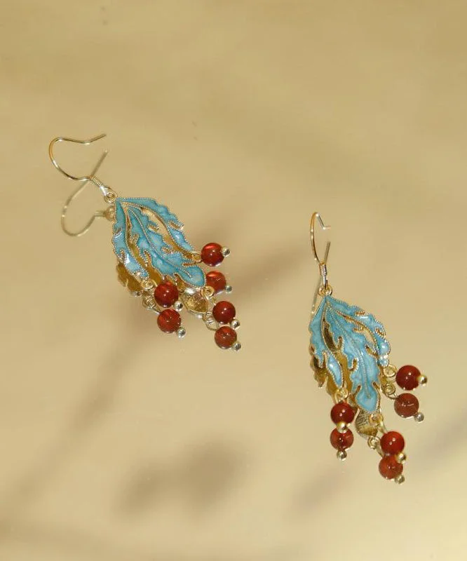 Retro Blue Sterling Silver Overgild Agate Cloisonne Drop Earrings