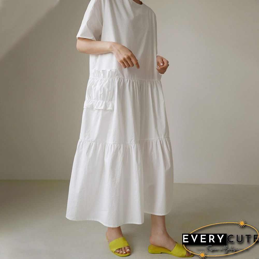 Women Summer Short Sleeved Ruffled Hem Casual Loose Long Dress Solid Color Dresses