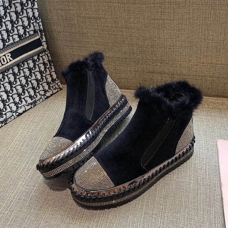 Hairy shoes women's outer wear winter 2021 new thick-soled rhinestone high-top lazy fashion boots women velvet woman boots Wool