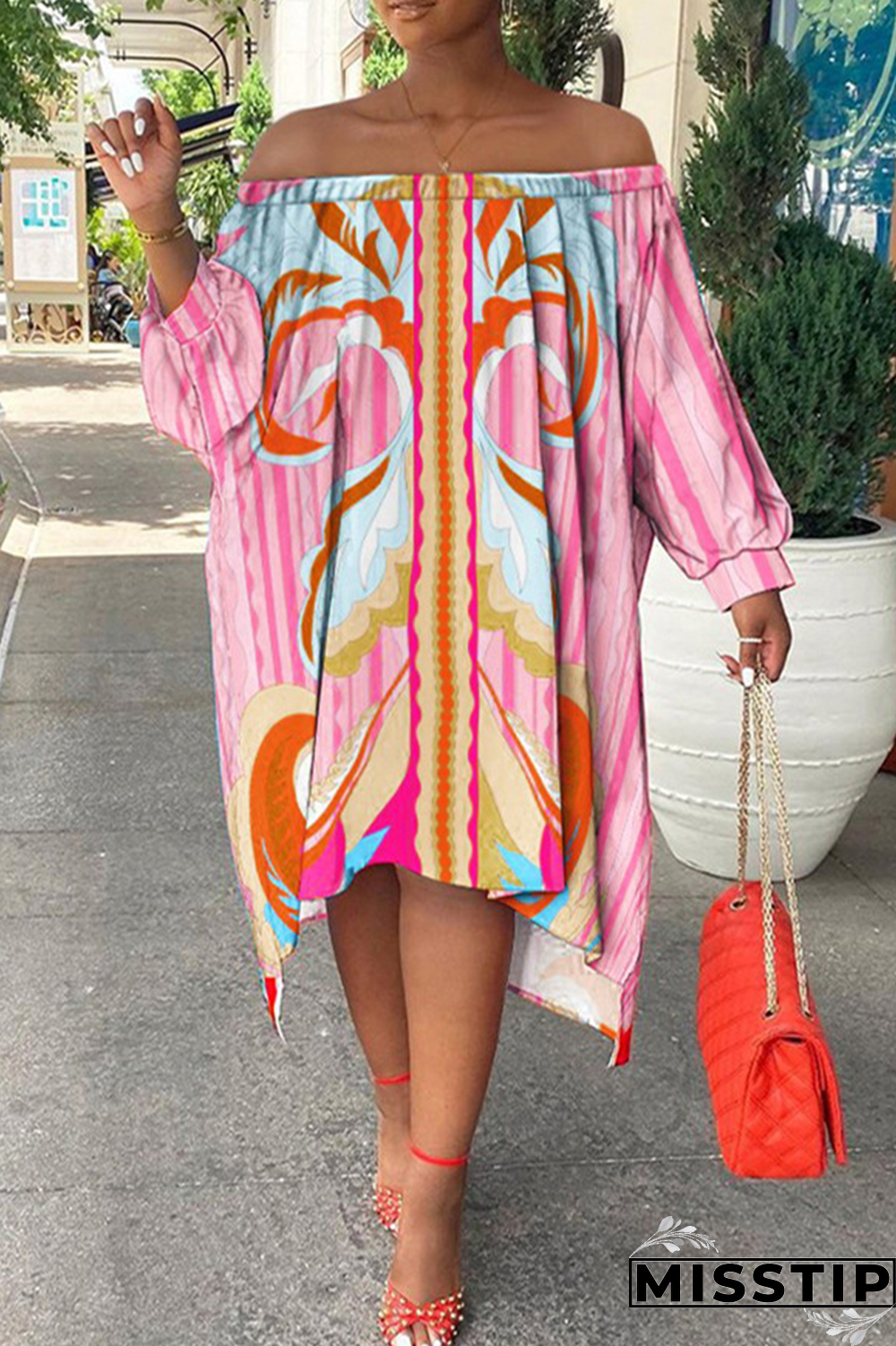 Pink Sexy Print Patchwork Off the Shoulder Irregular Dress Dresses