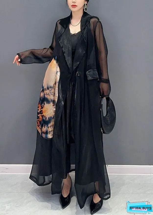 Style Black Notched Patchwork Button Long Tulle Cardigan Fall